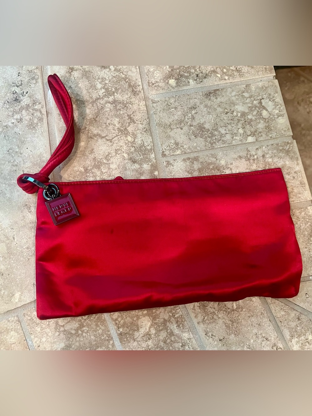 Herve Leger Red Satin Wristlet Clutch with Logo Tag